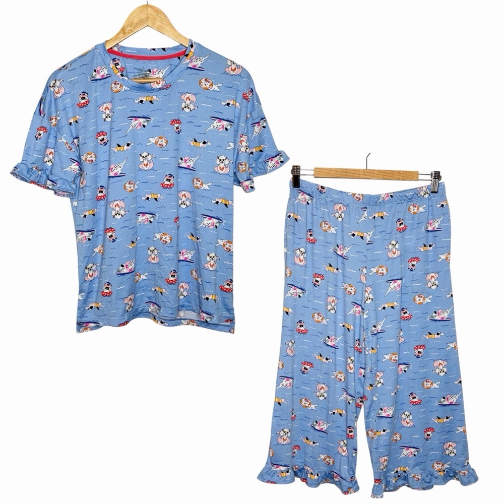 Cuddl Duds Dog Print Pajamas Set Womens Small Poodle Pug Capri Short Sleeve